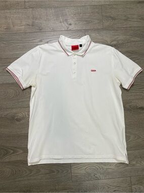 HUGO BOSS White Polo Shirt Red Trim Slim Fit XXL Red Label Embroidered Logo Top
